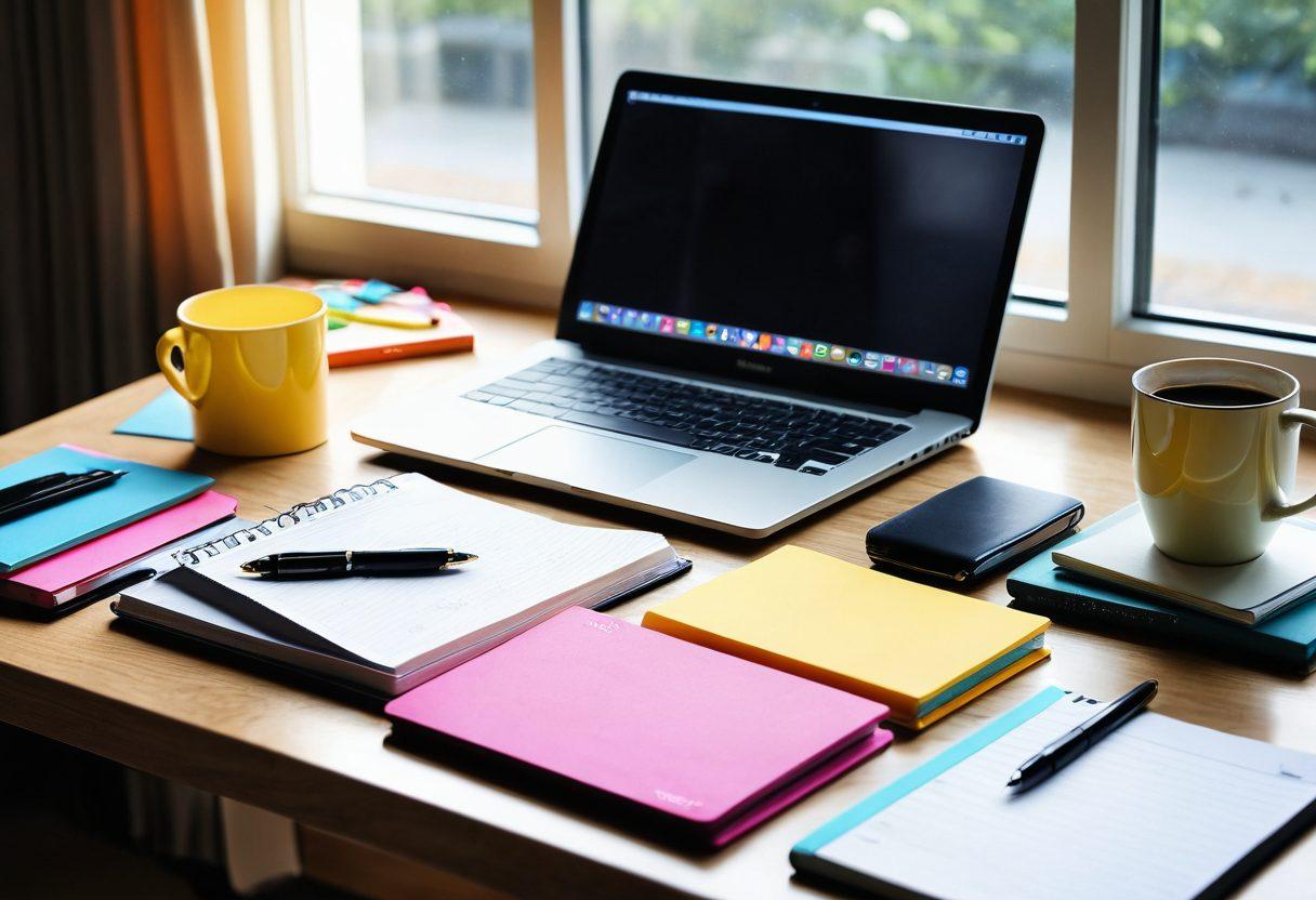 A sleek desk setup featuring an open digital diary and a stylish smart binder, surrounded by colorful stationery and a glowing laptop, symbolizing productivity and efficiency. Soft morning sunlight streams through a nearby window, illuminating the space. Include elements like organized notes, a steaming coffee cup, and inspirational quotes on sticky notes. modern and minimalistic. vibrant colors. soft focus.