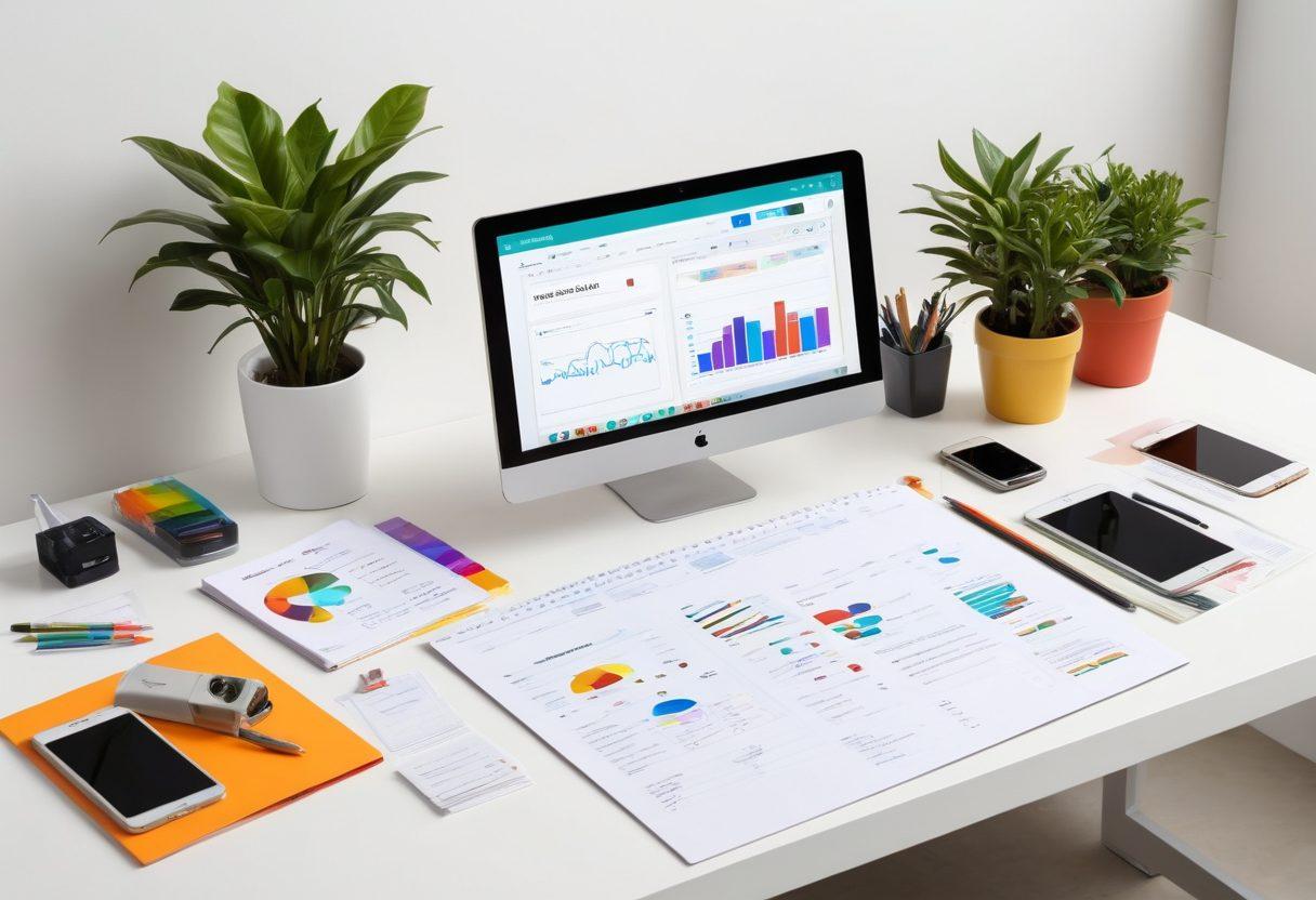 A sleek, digital workspace featuring an intelligent organizer with interactive screens displaying colorful graphs, notes, and content ideas. Surrounding this workspace are elements symbolizing creativity: a vibrant plant, a cup of coffee, and scattered art supplies. The setting evokes a sense of modern productivity and innovation. Bright, engaging colors and a focus on technology enhance the theme of seamless content creation. super-realistic. vibrant colors. white background.