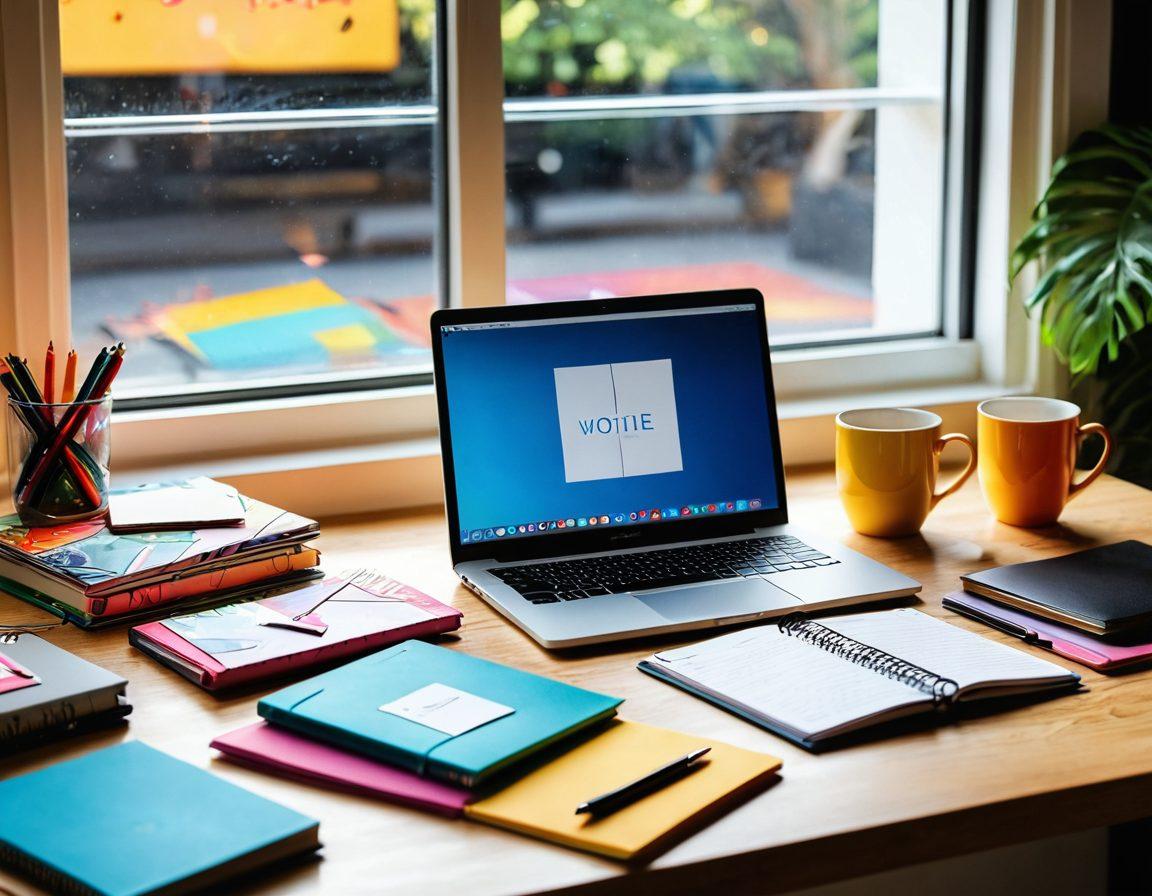 A vibrant workspace scene featuring a smart binder with illuminated tabs showcasing various creative ideas. Surrounding the binder are colorful stationery, a laptop displaying a blog, and a cup of coffee. The background is filled with abstract art and a window letting in warm sunlight, symbolizing inspiration. The image should convey a sense of creativity and productivity. super-realistic. vibrant colors. warm lighting.